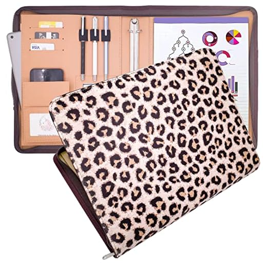Padfolio Ring Binders Zippered 1 inch Binder Portfolio Clipboard Folder,Leather Binder as Business Checks Personal Printed.Zipper Binders 1 inch for Women and Mens. (Chic Leopard)