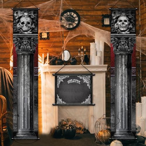 2 Pieces Halloween Gothic Mansion Banners Halloween Skull Hanging Banners with Welcome Foolish Mortals Porch Sign Spooky Halloween Pillar Sign Banner Decorations for Outdoor Halloween Party Supplies