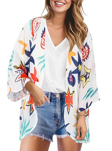 Womens Kimono Cover Ups for Beach Floral Short Sleeve Loose Summer Cardigan Small White Starfish