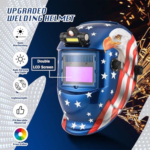 Image of WR01A Welding Helmet Auto Darkening with LED Light True Color Solar Powered Welder Hood with Adjustable Shade Range 4 /9-13 for Mig Tig Arc Welding Mask (Blue Eagle II)
