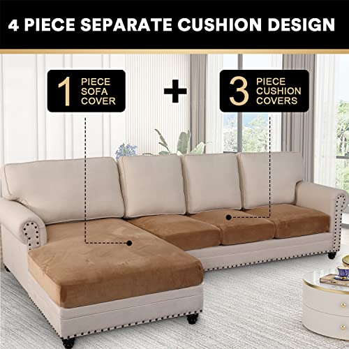 Sectional Couch L Shape Sofa Cover 4 Piece Sectional Couch Cover Velvet Couch Covers Sectional Separate Cushion Couch Chaise Cover Furniture Protector For Pets Dogs(Xl Sofa 3 Seater + 1 Chaise, Camel) #TOP2