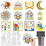 HOWAF 24 Stück Ramadan Eid Mubarak Karten zum Bemalen Ramazan Dekor, Grußkarten Eid Mubarak Dekoration Kühlschrankmagnete mit 12 Farbstiften Ramadan Basteln Kinder für Islamische Muslimische Geschenke