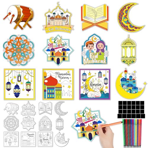 HOWAF 24 PCS Ramadan Crafts Fridge Magnet Kit Color Your Own Eid DIY Fridge Magnet Include 24 Magnet Paint Pens Eid Mubarak Gifts for Kids Party Supplies Home School Activities