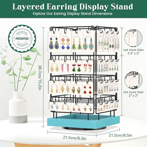 Image of EsLuker.ly Rotating Earring Display Holder Stand for Vendors Events Selling, Large Capacity 64 Hooks Jewelry Rack with Wooden Base for Earring Card Sales, Enhances Retail Visibility (Blue)