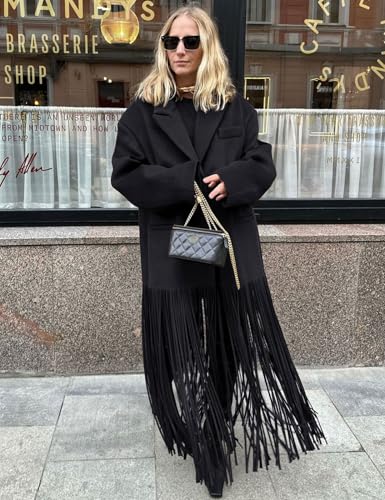 Gihuo Women's Long Coat Notch Lapel Single-Breasted Jacket with Fringe Hem2
