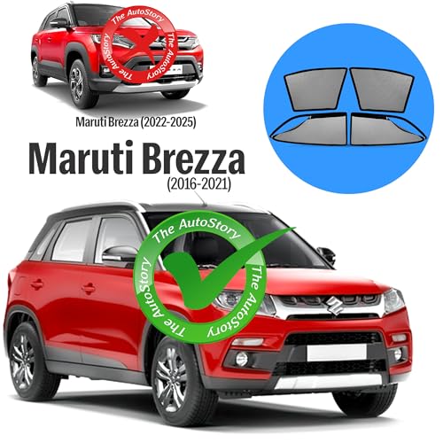 Image of AutoStory Magnetic Car Sunshade for Brezza 2016-2022 | Front Half Cut for Mirror Visibility + Rear Full Coverage with Zipper | Heavy Heat & UV Protection | Privacy Side Window Curtains Shades