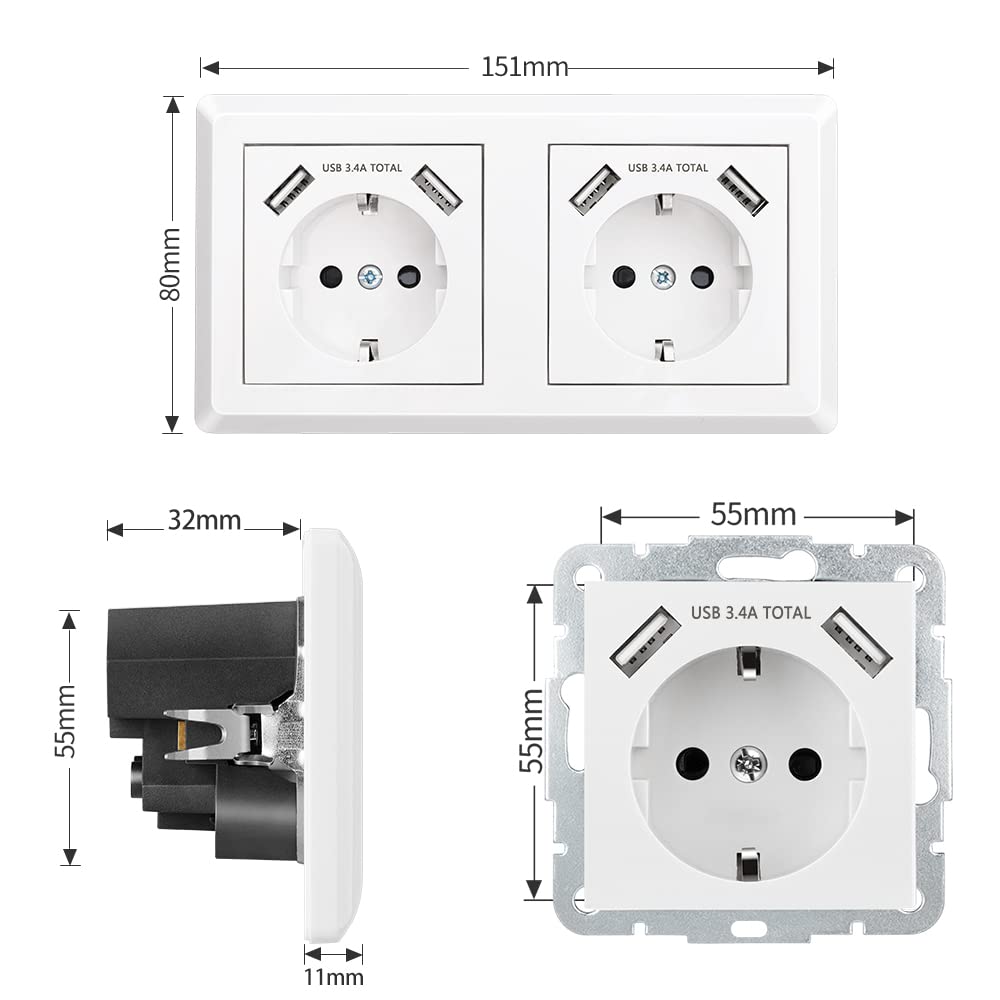 Podwójne gniazdo z 4 gniazdami USB do iPhone'a, iPada, iPoda, smartfona, MP3, pasuje do standardowego podwójnego gniazdka podtynkowego.