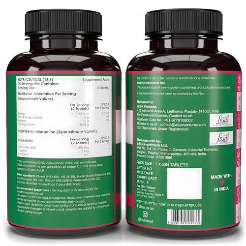 Image of Nutrabud Milk Thistle Tablets With 800mg of 80% Silymarin - 60 Tablets - Liver Detox Supplement For Men And Women For Healthy Liver (60 Count (Pack of 1), Unflavoured)