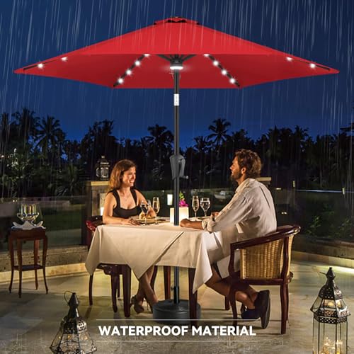 Image of 10ft Solar Patio Umbrella - Outdoor Umbrella with Centre Surround Light 24 LED Lights, Market Table Umbrella with Tilt for Pool, Porch, Garden, Deck, Backyard UV Protection (Red)