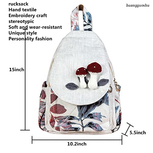 Image of Womens Boho Cotton Hemp Cloth Backpack Boho Vintage Embroidered Casual Purse Handbags Messenger Bag Mushroom Beige Red