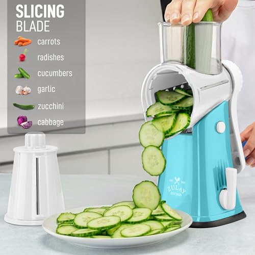 Image of Zulay Kitchen Rotary Cheese Grater 5 Blade Cheese Shredder - Manual Hand Crank Cheese Grater With Reinforced Suction & 5 Interchangeable Drums - Easy to Use, Vegetable Chopper Round Mandoline Slicer