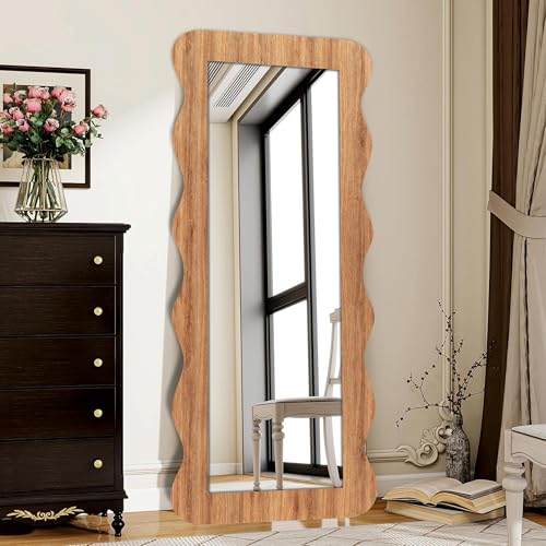 Image of Creative Arts n Frames 22 x 52 inch Full Length Dressing Chevel Long MDF Wood Zigzag Curvy Irregular Shape Framed HD Mirror Home Decor Items (Natural Iqurel Oak Light Zigzag1 Full Length Mirror)