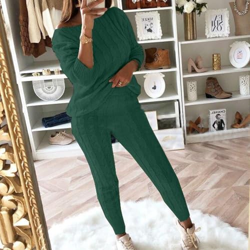 Womens Fall Cable Knit Set Plus Size Crew Neck Pullover Sweater Top & Long Pants 2 Piece Outfits Tracksuit Loungewear3