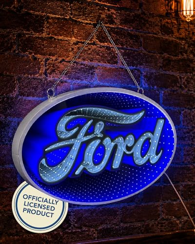 Ford Built Tough Infinity Mirror LED Neon Light Sign for Man Cave Garage Home Bar Game Room & Auto Shop Decor Blue 3D Tunnel Wall Art USB Powered Hanging Car Enthusiast Sign