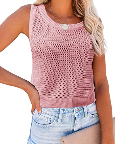 Image of FISACE Womens Crochet Tank Top Sleeveless Knit Summer Sweater | Round Neck, Hollow Out, Lightweight , Casual Crop,Cute Boho Vest