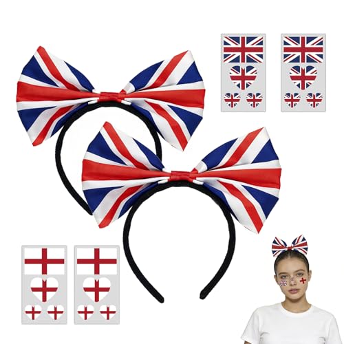 Union Jack Bow Headband with Tattoos Stickers 6 Pcs England Football Dress Accessory British Flag Bow on Headband for Street Parties World Cup football matches and other types of fan decorations