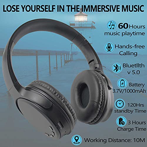 EXMAX H5 Bluetooth Headphones Over Ear Hi-Fi Stereo Wireless & Wired Over-Ear Headphones Headset + Microphone Foldable Comfortable Earmuffs Earpads 60 Hours Playtime for Online Class PC Cellphones TV