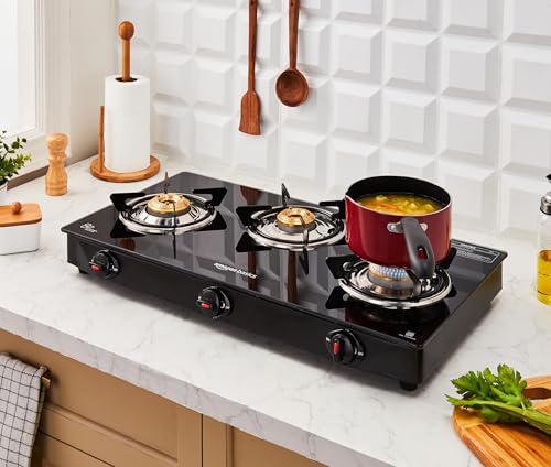 Image of Amazon Basics 3 Burner LPG Gas Stove with Toughened Glass-top | ISI APPROVED | Tri-pin Brass Burners with spill-proof and easy-clean design | Anti-skid legs (Black)