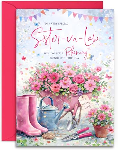 Sister-in-Law Birthday Card - Floral Gardening Design - Birthday Wishes for Women - A5 Size Card with Fuchsia Pink Envelope