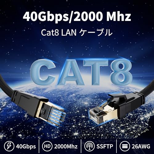 LANケーブル CAT8 20M 40Gbps/2000MHz超光速イーサネットケーブル ロング 金メッキ爪折れ防止 ネットワーク有線lan 3重シールド PoE給電 データセンター PS4/5 XBOX モデム ルーターに対応 長い ナイロン 黒