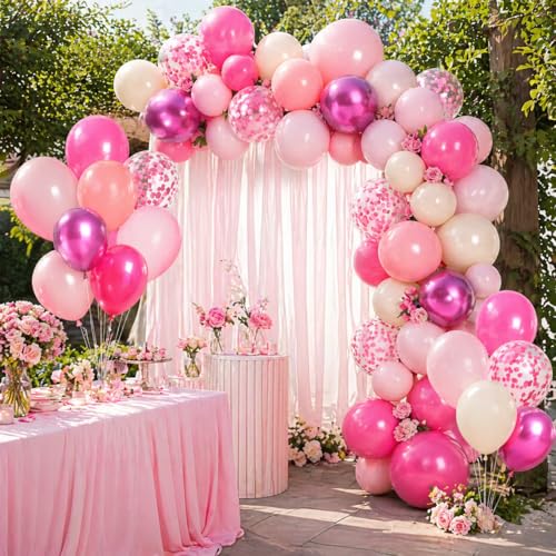 Image of Shades of Pink Balloons 12 Inch, Hot Pearl Light Pastel Baby Dark Bright Pink Sand Latex Balloons with Metallic Magenta Pink Confetti Balloon for Princess Theme Birthday Wedding Bridal Shower Party