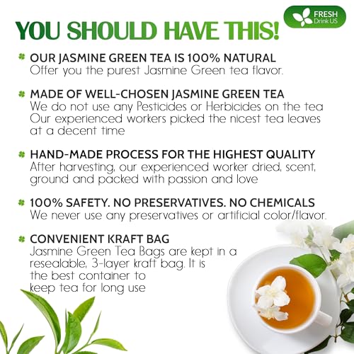 Image of FreshDrinkUS, Premium 135 Jasmine Green Tea Bags, 100% Natural & Pure from Jasmine Green Herbal Tea. Made with Natural Material Tea Bags. No Sugar, No Caffeine, No Gluten, Vegan.