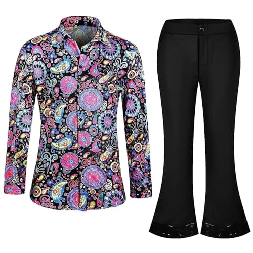 Pantalones acampanados años 70 hombre y camisa floral retro para show setentero de dos piezas