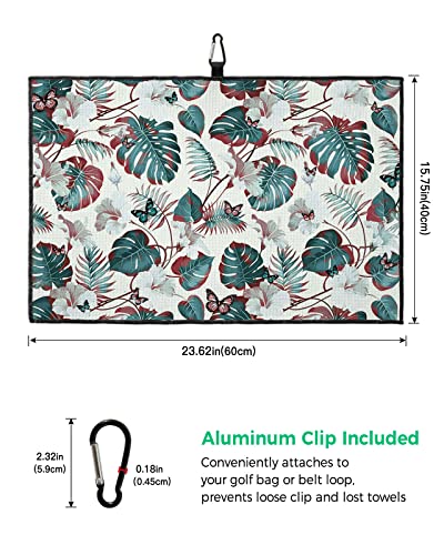 Daringone Monstera Golf Towels, 24X16 Inch Microfiber Waffle Golf Towel For Ball Sport, Mid-Century Botanical Flower Vintage Style Water Absorbent Golf Towels With Carabiner Clip For Golf Bags #TOP2