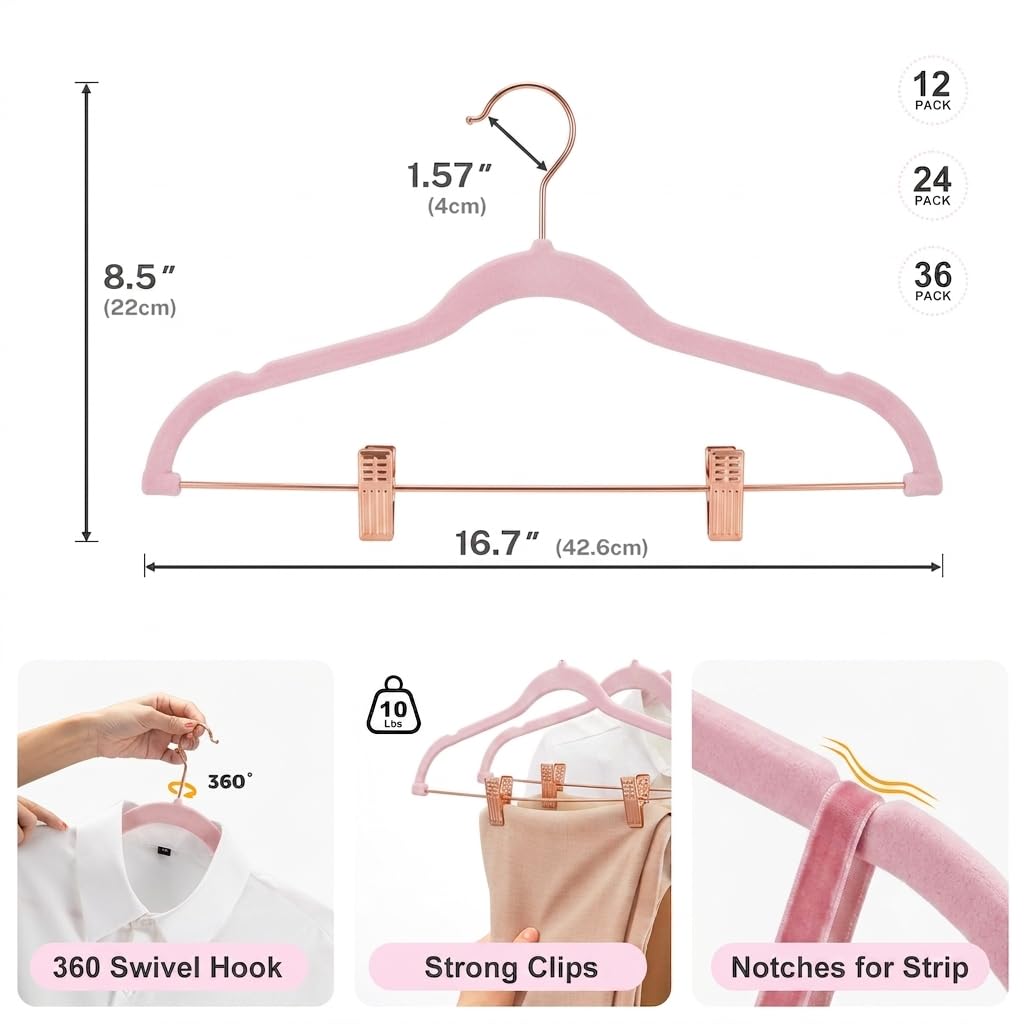 HOUSE DAY Perchas de Terciopelo con Clips, Paquete de 24 Perchas de Terciopelo ultrafinas Antideslizantes con Ganchos de Oro Rosa, Ahorro de Espacio, para Pantalones, Faldas, Jeans, Vestidos, Abrigos