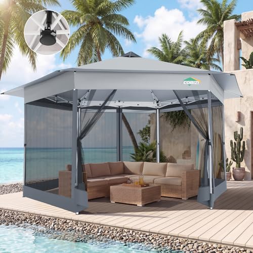 Image of COBIZI 16x16 Pop Up Gazebo Tent with Mosquito Netting, Gazebos on Clearance, Hexagonal Outdoor Canopy Shelter, Patented Center Lock 6-Sided Portable Gazebos, Pop Up Canopy Tent for Backyard, White