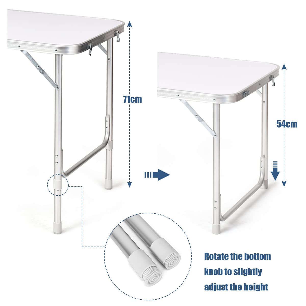 KOMFOTTEU Aluminiowy składany stół kempingowy regulowana wysokość 53,5/71 cm | Stół piknikowy z szafkami 120 l, 120 x 61 cm, na grill, imprezę, na zewnątrz