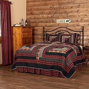 VHC Brands Cumberland Patchwork Chambray Cotton Rustic Pre Washed Square Quilt Sham Queen Bedding Accessory Set Chili Pepper Red