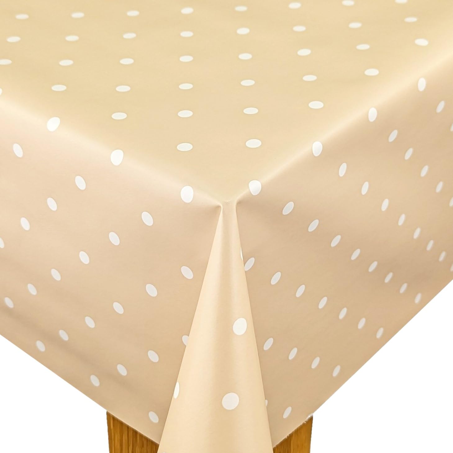 Karina Home Extra Wide Polka Dot Spot Wipe Clean Tablecloth Wider Width Vinyl PVC Table Cover Wipeable Table Cloth (Beige, 180 x 350cm)