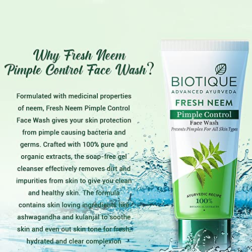 Image of Biotique Fresh Neem Pimple Control Face Wash| Ayurvedic and Organically Pure| Prevents Pimples |100% Botanical Extracts| Suitable for All Skin Types | 150mL