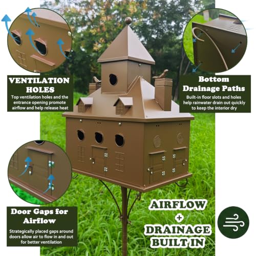 Image of Metal Birdhouse with Pole, 7-Room Castle, 7-Prong Ground Stake