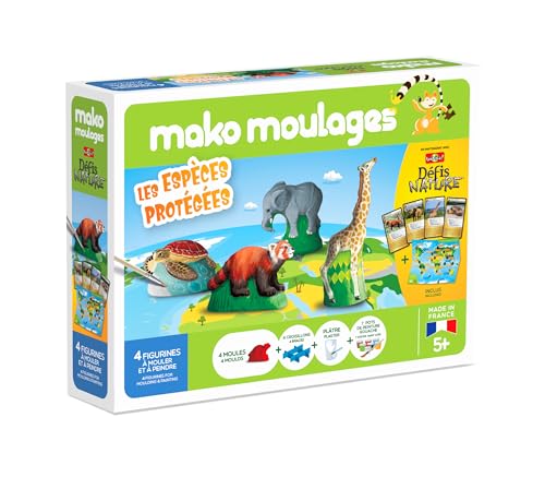Mako moulages - Les Espèces Protégées 2 - Partenariat Bioviva - 4 Moules en Plâtre à Peindre - panda roux, éléphant, girafe et tortue - Kits Loisirs...