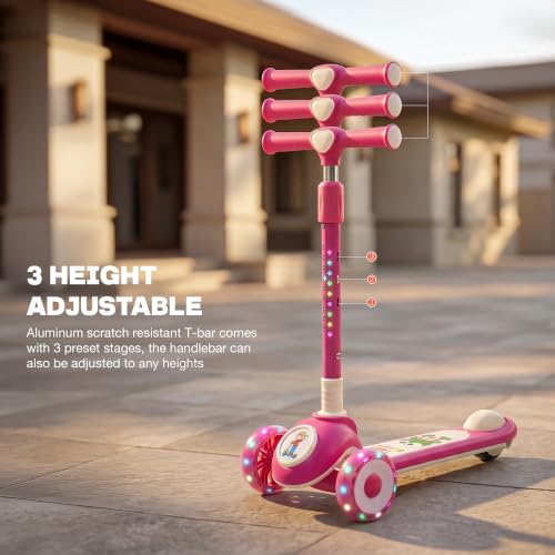 Image of Baybee Rydelle 3 Wheel Kick Scooter for Kids with LED Light Up Wheels & Music | Foldable, 3 Height Adjustable Kid Scooter Handle & Brake | Runner Scooters for Kids 2 to 10 Years Boys Girls (Red)