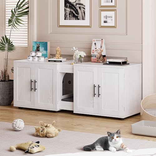 GAOMON Litter Box Enclosure with Double Cage, Cat House,Hidden Litter Box Enclosure Furniture for 2 Cats, Wooden Enclosed Cat Litter Box Furniture,55”L x 17.7”W x 22.5”H,White