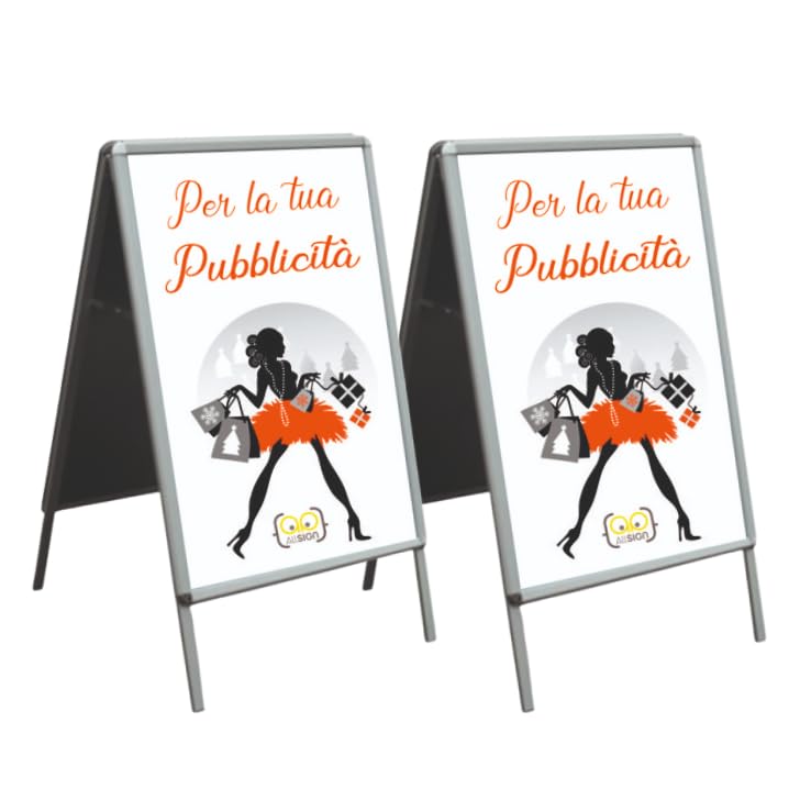 SET RISPARMIO 2 Cavalletti Pubblicitari 70X100 cm Bifacciali Cornici Espositive, in Alluminio, per Esterno e da Interno, Pieghevole e leggero, con protezione in PVC, Doppio lato, a bacheca