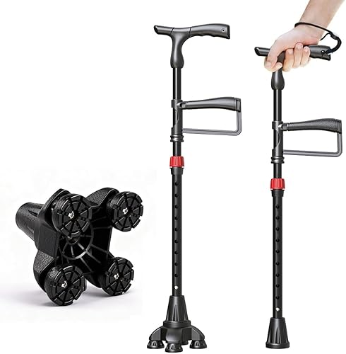Bastón plegable con mango de asistencia de 360, altura ajustable de 26.4 a 35.4 pulgadas (10 niveles), base antideslizante de 4 patas y punta única,