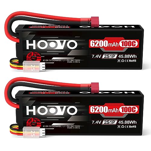 HOOVO 2S Lipo Battery,7.4V 6200mAh 100C LiPo Battery RC Pack Hard Case with T Plug Compatible with RC Buggy Vehicles Car Boat Truck, 2 Pack