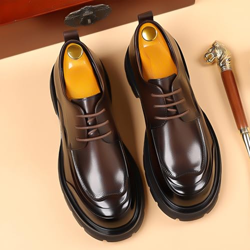 Men's Genuine Leather Platform Oxfords Fashion Round Toe Lace Up Chunky Heel Non-Slip Lug Sole Soft Bottom Business Formal Derby Dress Shoes for Wedding Work Office4