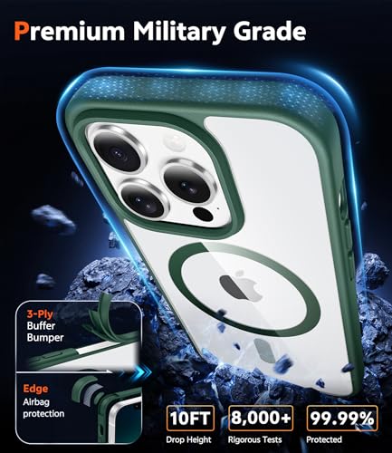 Image of FNTCASE for iPhone 13 Pro-Max Case: Clear Magnetic Phone Cases Compatible with Magsafe Slim Anti Yellowing Military Grade Drop Protection Rugged Transparent Cell Phone Cover (B-Alpine Green)