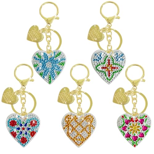 DAJUMOO Diamond Painting Porte-Clés, 5 Pcs Double Face Broderie Diamant Kit Coeur Pendentif ，pour Adultes Enfants 5d Diamond Painting DIY Artisanat, Sac...
