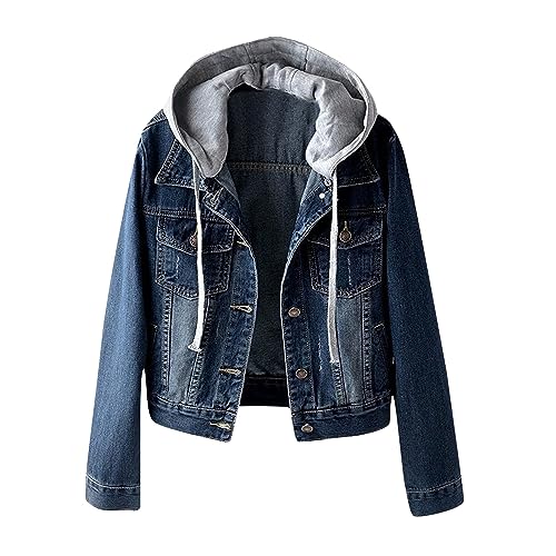 Nkgra Womens Distressed Denim Jacket with Detachable Hood Button Down Long Sleeve Trucker Jackets Outwear