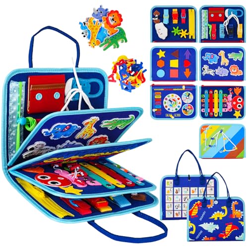 Busy Board for 3+ Year Old Montessori Toys – All In One Sensory Toys Busy Book with Sorting, Stacking, Letters, Animals, Toddler Activities – Dinosaur Toy for Fine Motor Skill Development (Blue)