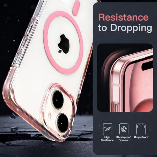 Image of VONZEE Translucent Clear Back Cover Compatible with (iPhone 15 Case)(2023), PC Shockproof Scratch Resistant, Non-Yellowing, Support Mag-Safe Wireless Magnetic Charging - Pink|6.1''