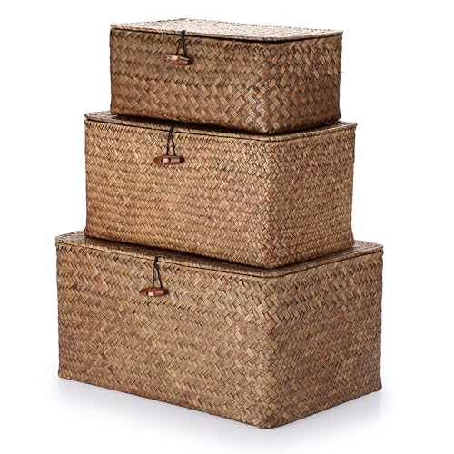 Hipiwe Set of 3 Natural Seagrass Storage Baskets with Lid - Large Handwoven Wicker Storage Bins Rectangular Household Organizer Boxes Shelf Wardrobe Organizer, Coffee