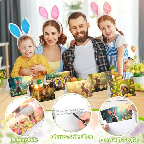 COCHIE 12er-Set Osterkarten mit Umschlag, Frohe Ostern-Grußkarte mit Lebhaftem, Niedlichem Hasen, Exquisites Set mit Gefalteten Ostergrußkarten im A6-Format