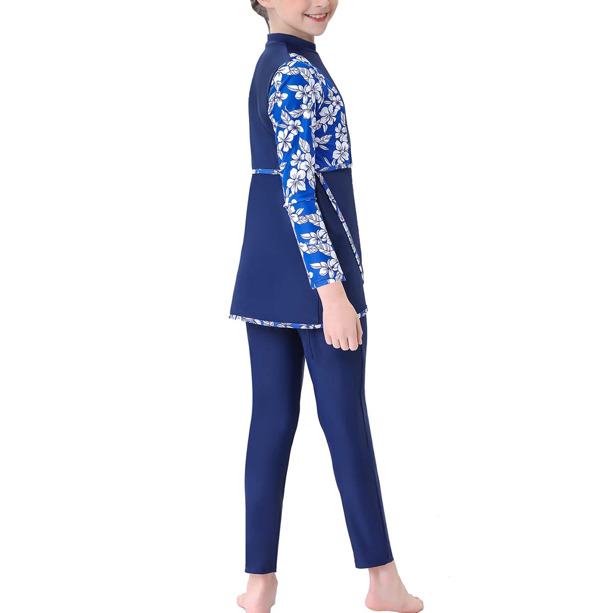 ODIZLI Toddler Girls Muslim Burkini Modest Muslim Swimsuit for Kids Islamic Full Cover Hijab Long Sleeve Top Pants Two Piece Swimwear Long Sleeve Rash Guard Bathing Suit Floral Print Blue 9-10 Years